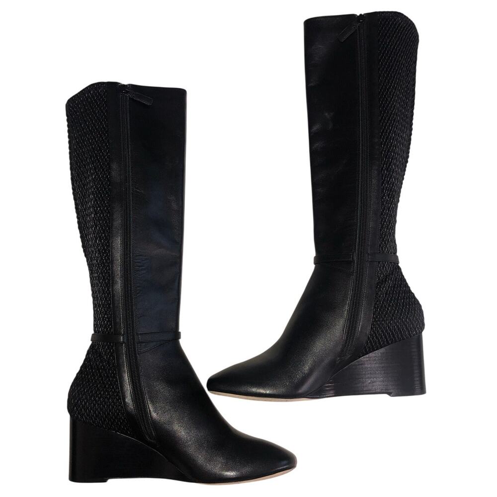 Cole Haan Lauralyn Black Leather Stretch Woven Wedge Boots Size 11B Old Money